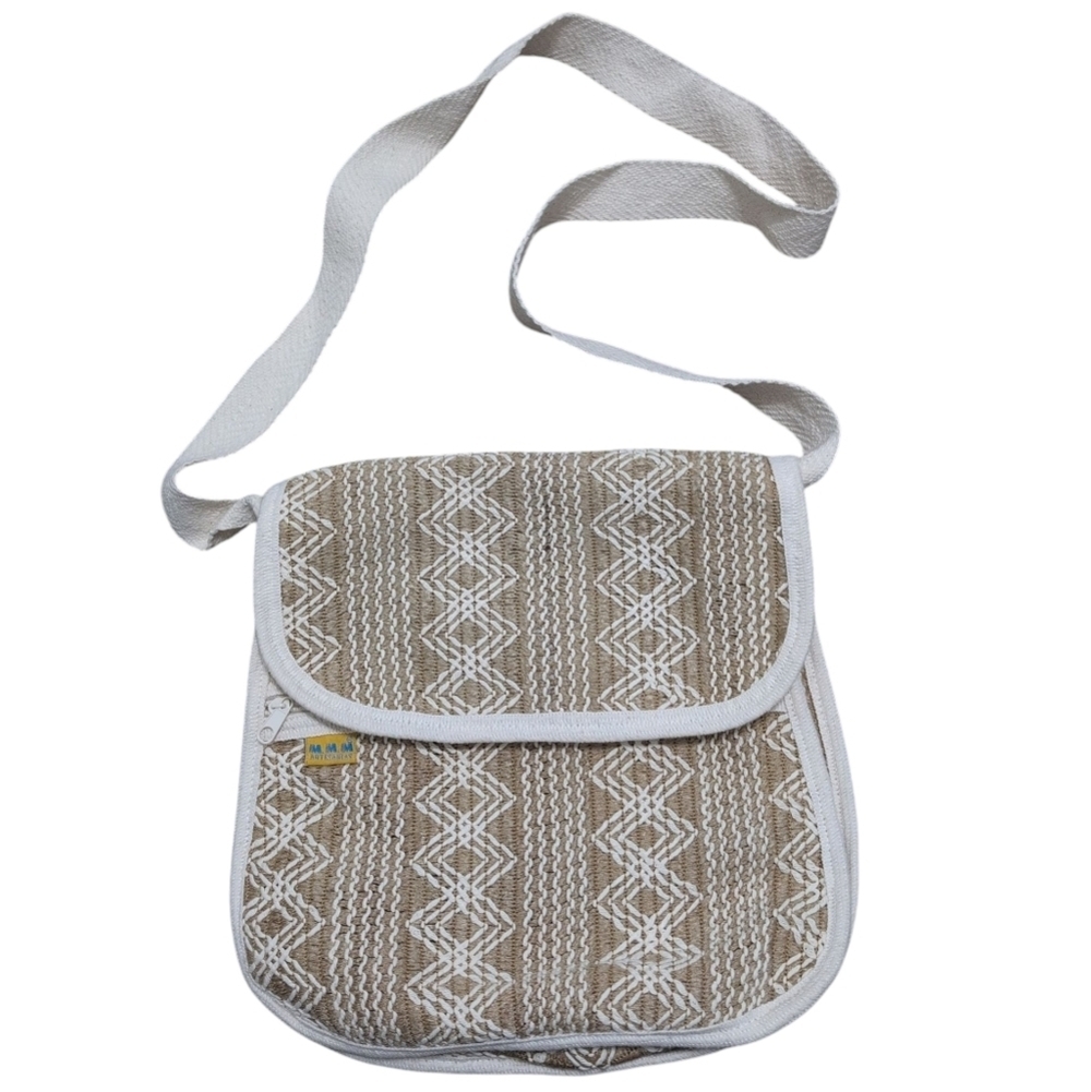 Artesanias‎ Mexican Authentic Tan Straw Woven Aztec Zig Zag Stitch Crossbody Bag